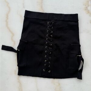 Black Lace-Up Mini Skirt Ribbed Material Gold Hardware Size S (fits S/M)